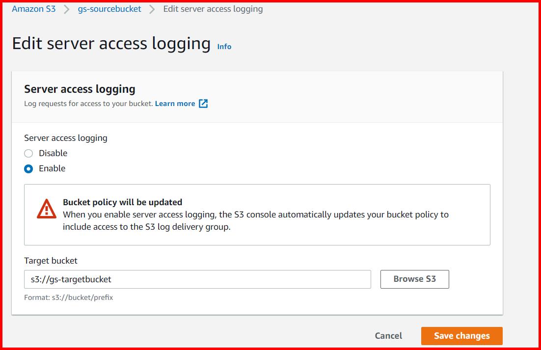 Picture showing the screen to specify the target bucket in Server access logging